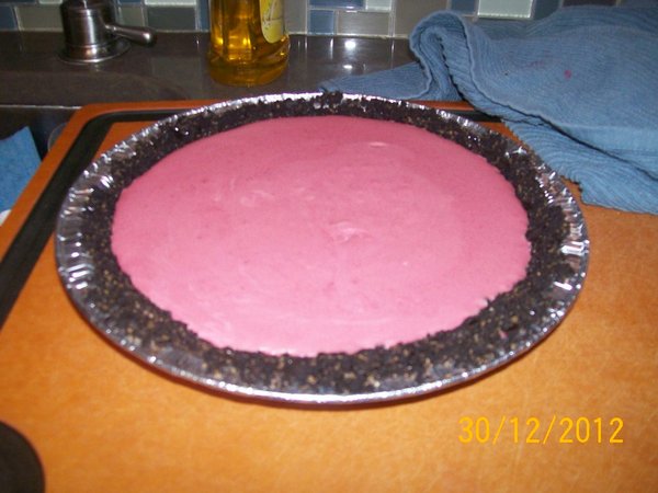 Raspberry pie with Chocolate wafer crust.