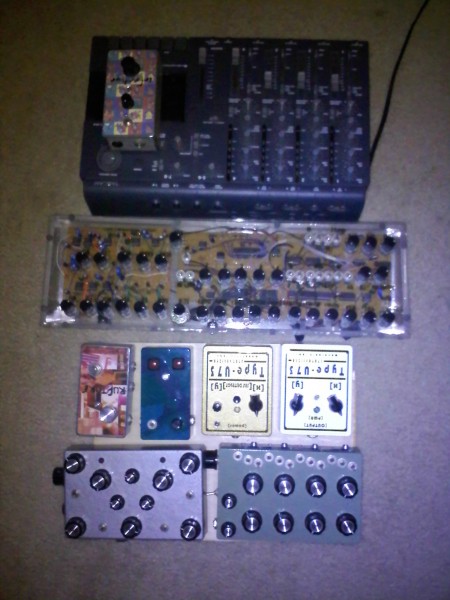 audible disease rupture, lo-fi junk sampler, infection, two monotonic labs u73 monosynths... king capitol punishment glamor box, sleep drone 5, zebranalogic osc 5... and some tape...